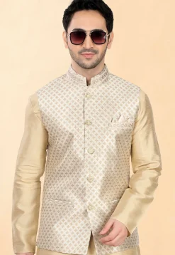 Woven Art Silk Jacquard Nehru Jacket in Cream