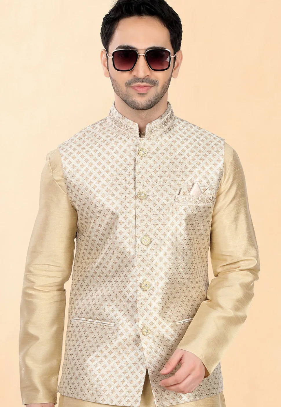 Woven Art Silk Jacquard Nehru Jacket in Cream