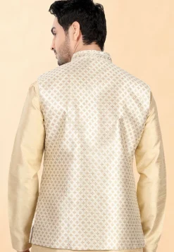 Woven Art Silk Jacquard Nehru Jacket in Cream