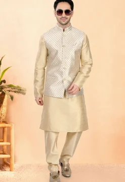 Woven Art Silk Jacquard Nehru Jacket in Cream