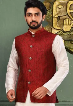 Woven Art Silk Jacquard Nehru Jacket in Red