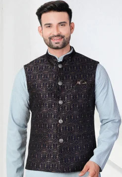 Woven Art Silk Jacquard Nehru Jacket in Navy Blue