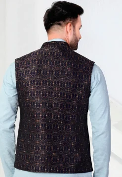 Woven Art Silk Jacquard Nehru Jacket in Navy Blue