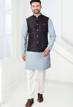 Woven Art Silk Jacquard Nehru Jacket in Navy Blue