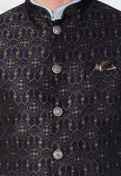 Woven Art Silk Jacquard Nehru Jacket in Navy Blue