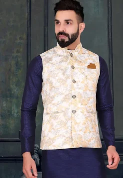 Woven Art Silk Jacquard Nehru Jacket in Beige