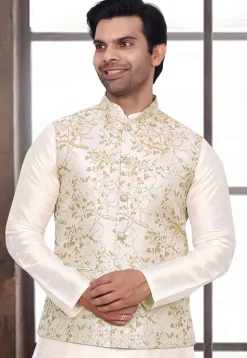 Woven Art Silk Jacquard Nehru Jacket in Cream