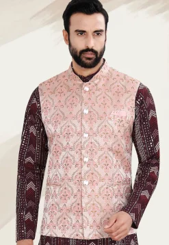 Woven Art Silk Jacquard Nehru Jacket in Peach