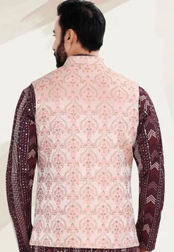 Woven Art Silk Jacquard Nehru Jacket in Peach