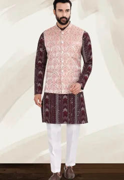 Woven Art Silk Jacquard Nehru Jacket in Peach