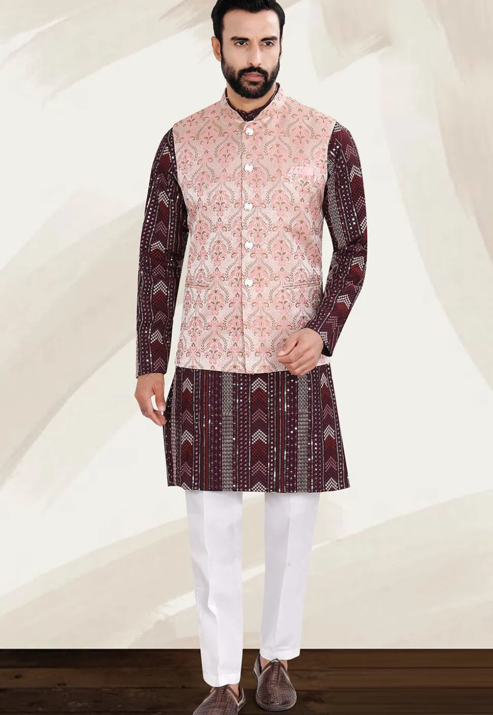 Woven Art Silk Jacquard Nehru Jacket in Peach