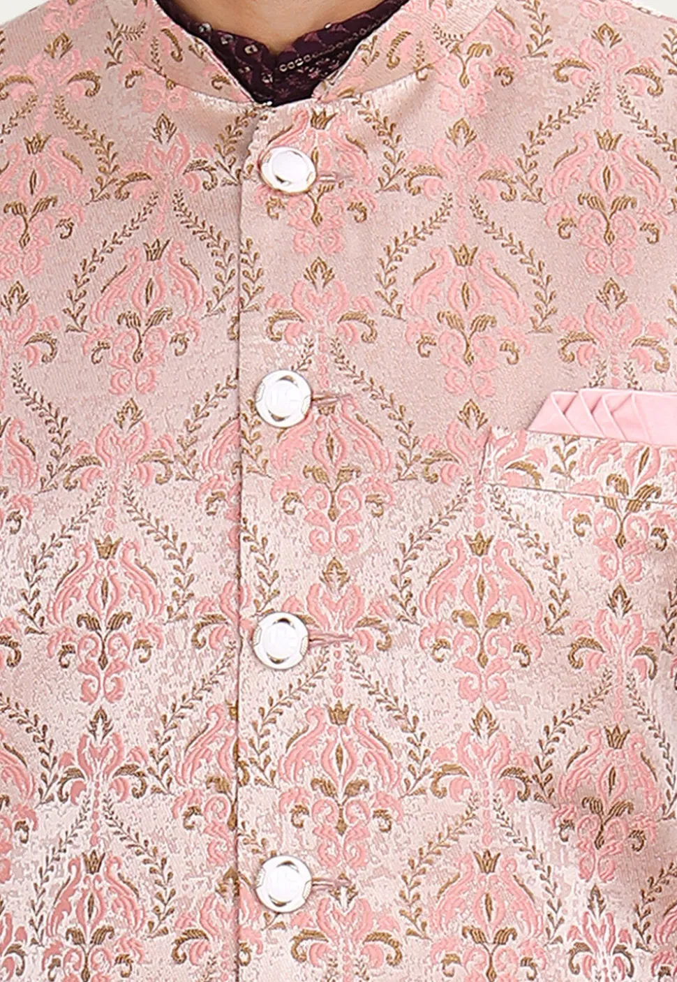 Woven Art Silk Jacquard Nehru Jacket in Peach
