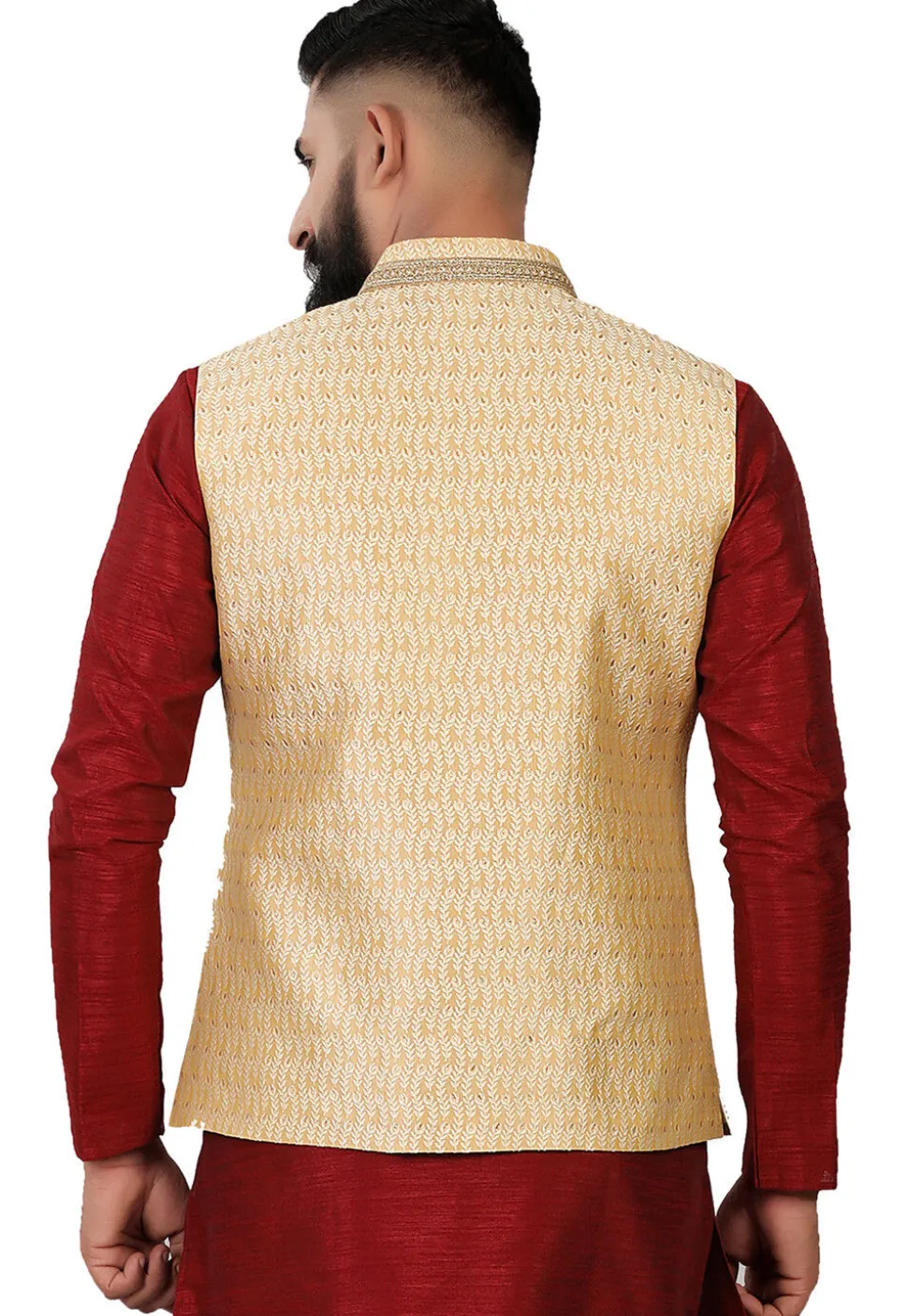 Woven Art Silk Jacquard Nehru Jacket in Cream