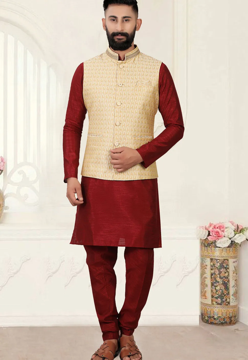 Woven Art Silk Jacquard Nehru Jacket in Cream