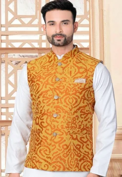 Woven Art Silk Jacquard Nehru Jacket in Mustard