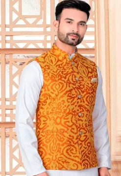 Woven Art Silk Jacquard Nehru Jacket in Mustard