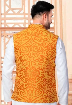 Woven Art Silk Jacquard Nehru Jacket in Mustard