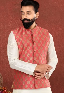 Woven Art Silk Jacquard Nehru Jacket in Coral Red