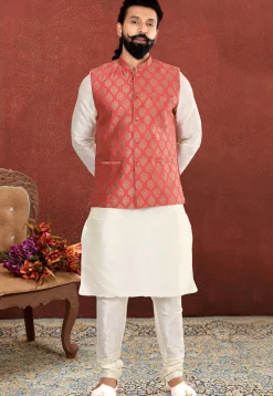 Woven Art Silk Jacquard Nehru Jacket in Coral Red