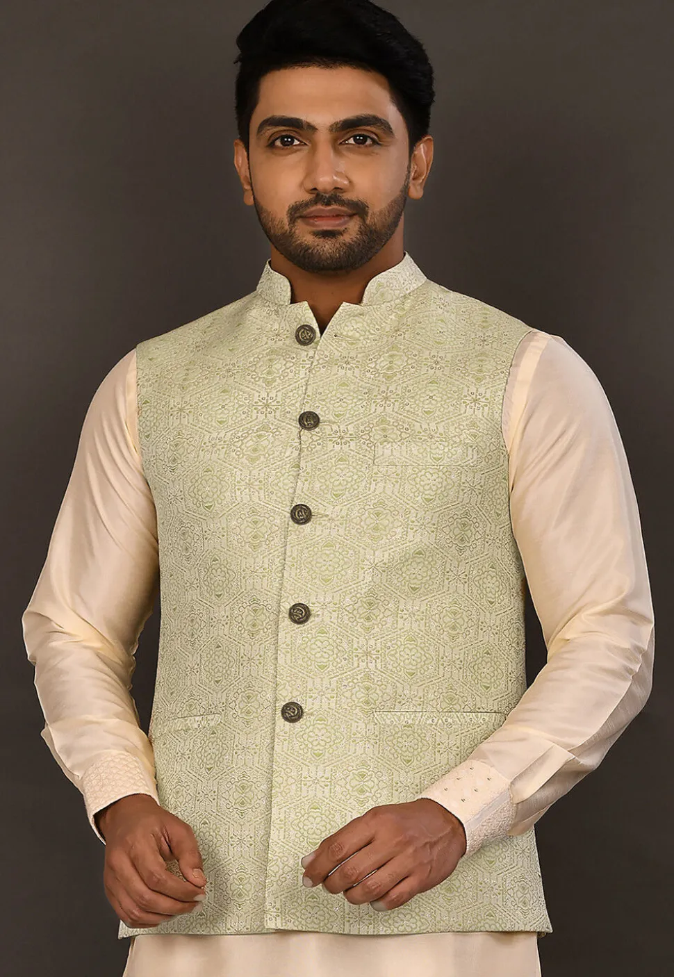 Woven Art Silk Jacquard Nehru Jacket in Pastel Green and Off White