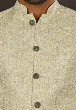 Woven Art Silk Jacquard Nehru Jacket in Pastel Green and Off White