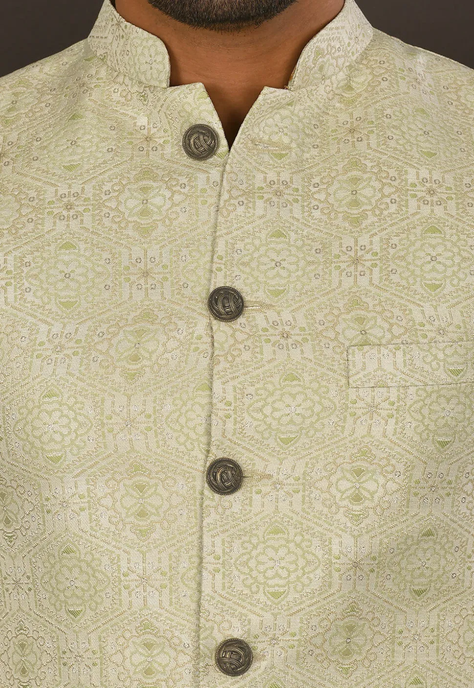 Woven Art Silk Jacquard Nehru Jacket in Pastel Green and Off White