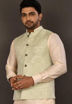 Woven Art Silk Jacquard Nehru Jacket in Pastel Green and Off White