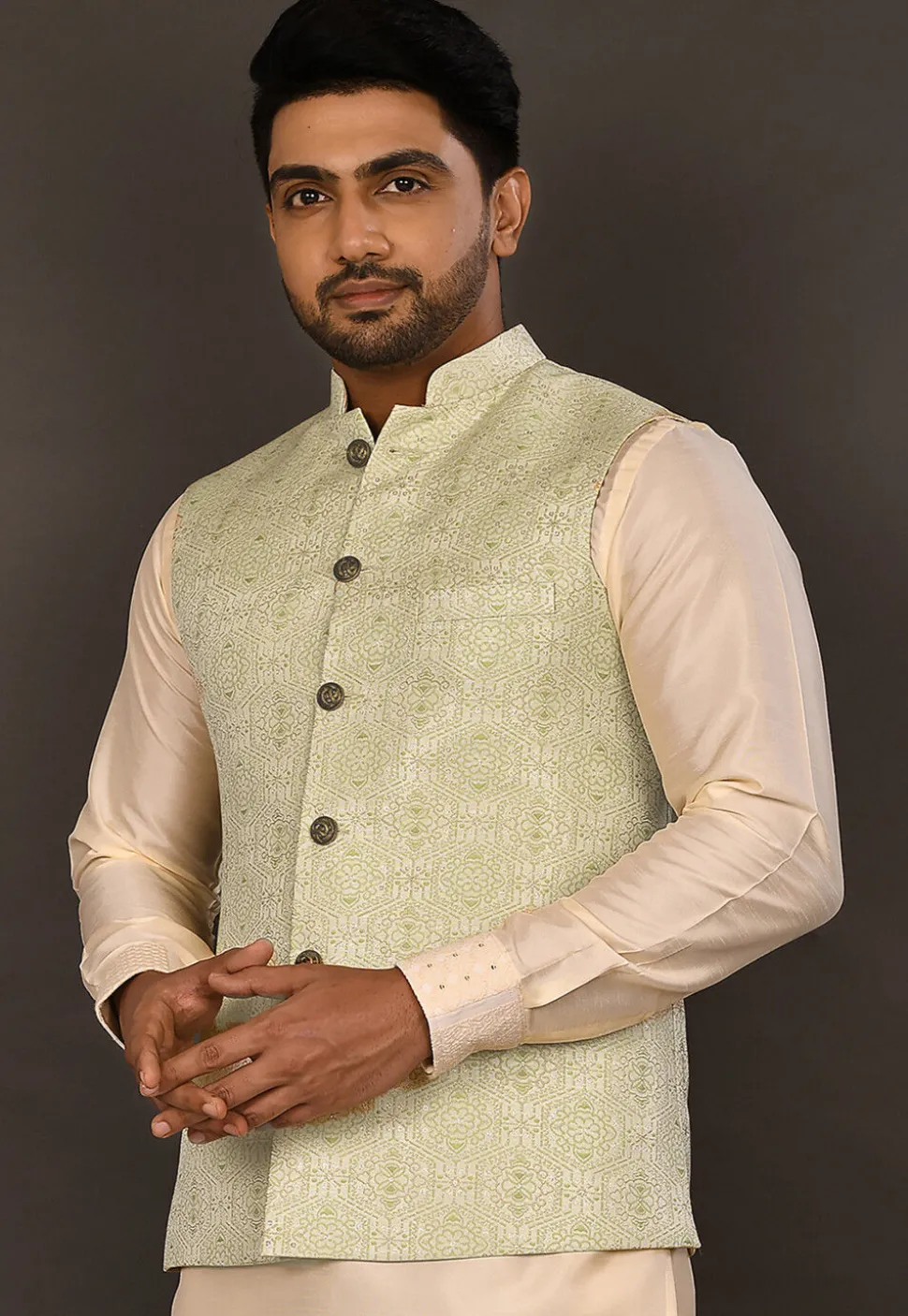 Woven Art Silk Jacquard Nehru Jacket in Pastel Green and Off White