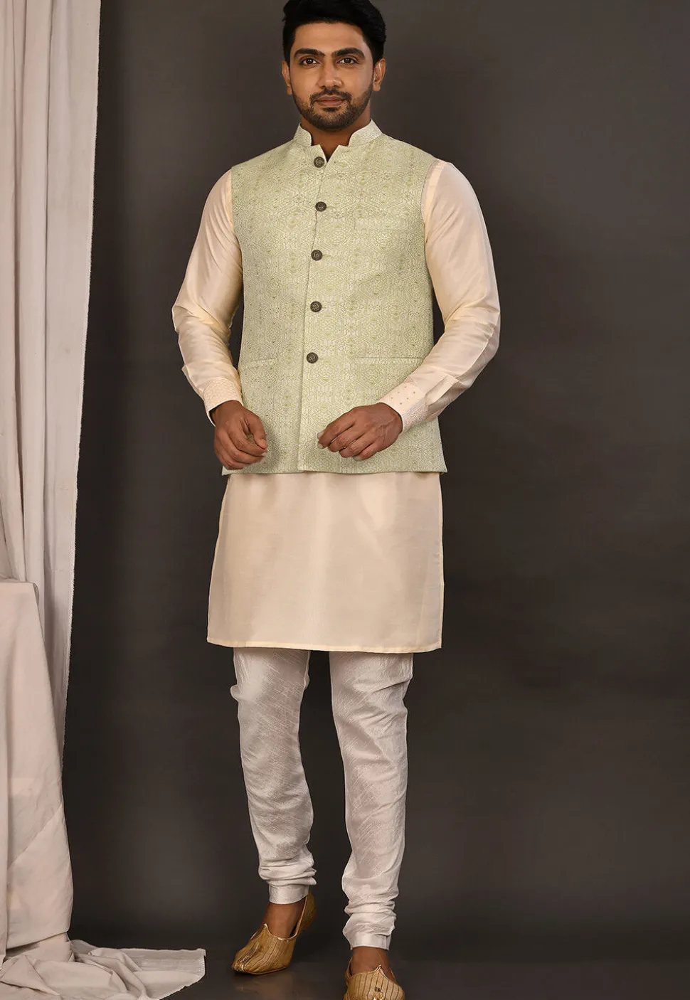 Woven Art Silk Jacquard Nehru Jacket in Pastel Green and Off White