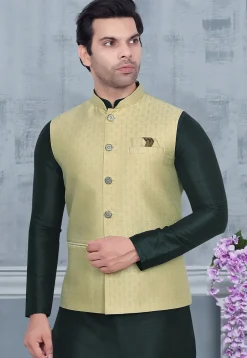 Woven Art Silk Jacquard Nehru Jacket in Dusty Green