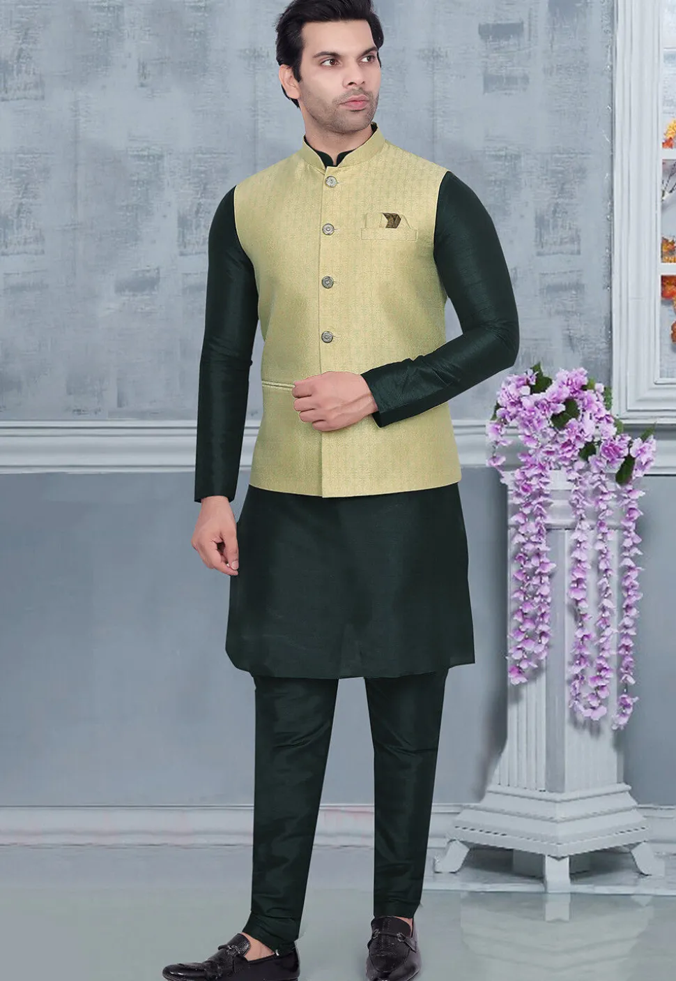 Woven Art Silk Jacquard Nehru Jacket in Dusty Green