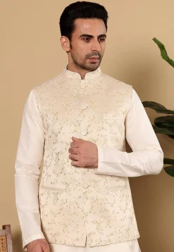 Woven Art Silk Jacquard Nehru Jacket in Light Beige