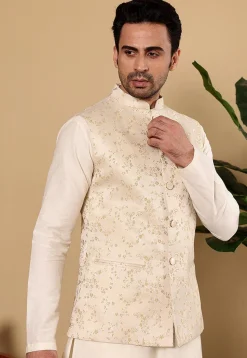 Woven Art Silk Jacquard Nehru Jacket in Light Beige