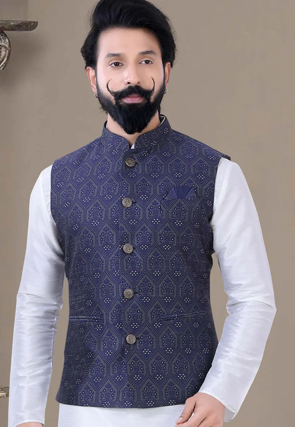 Woven Art Silk Jacquard Nehru Jacket in Navy Blue