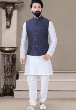 Woven Art Silk Jacquard Nehru Jacket in Navy Blue
