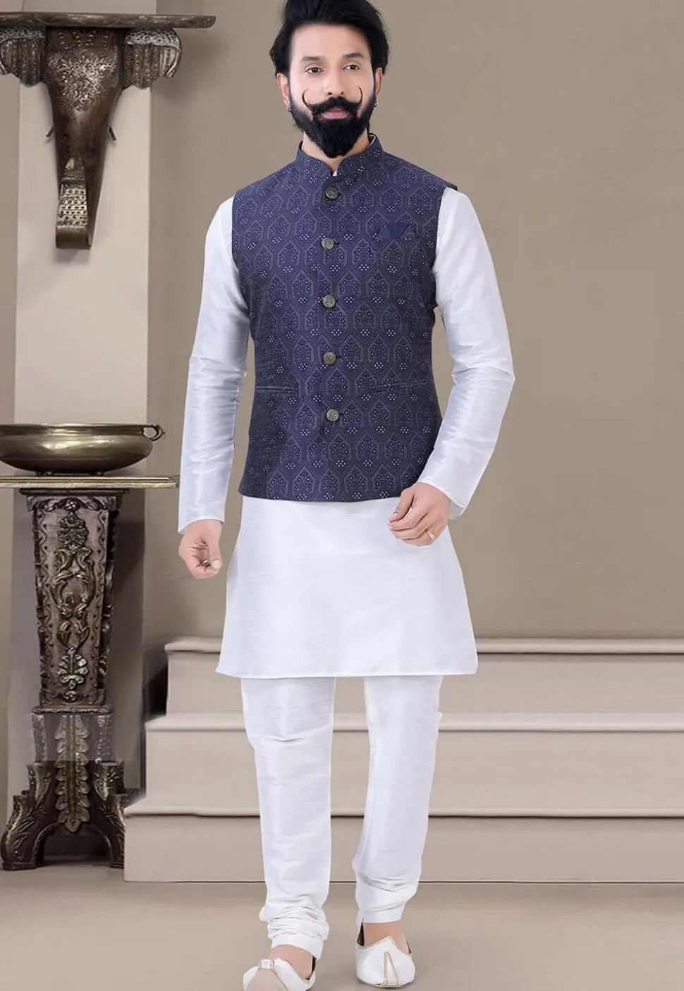 Woven Art Silk Jacquard Nehru Jacket in Navy Blue