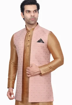 Woven Art Silk Jacquard Nehru Jacket in Peach