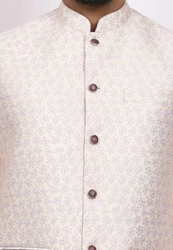 Woven Art Silk Jacquard Nehru Jacket in Cream