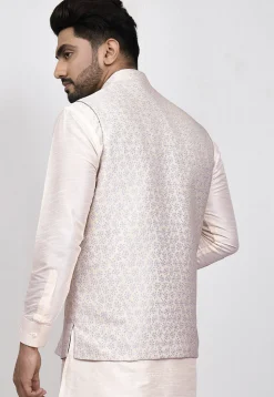 Woven Art Silk Jacquard Nehru Jacket in Cream