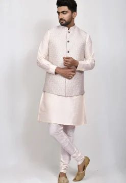 Woven Art Silk Jacquard Nehru Jacket in Cream