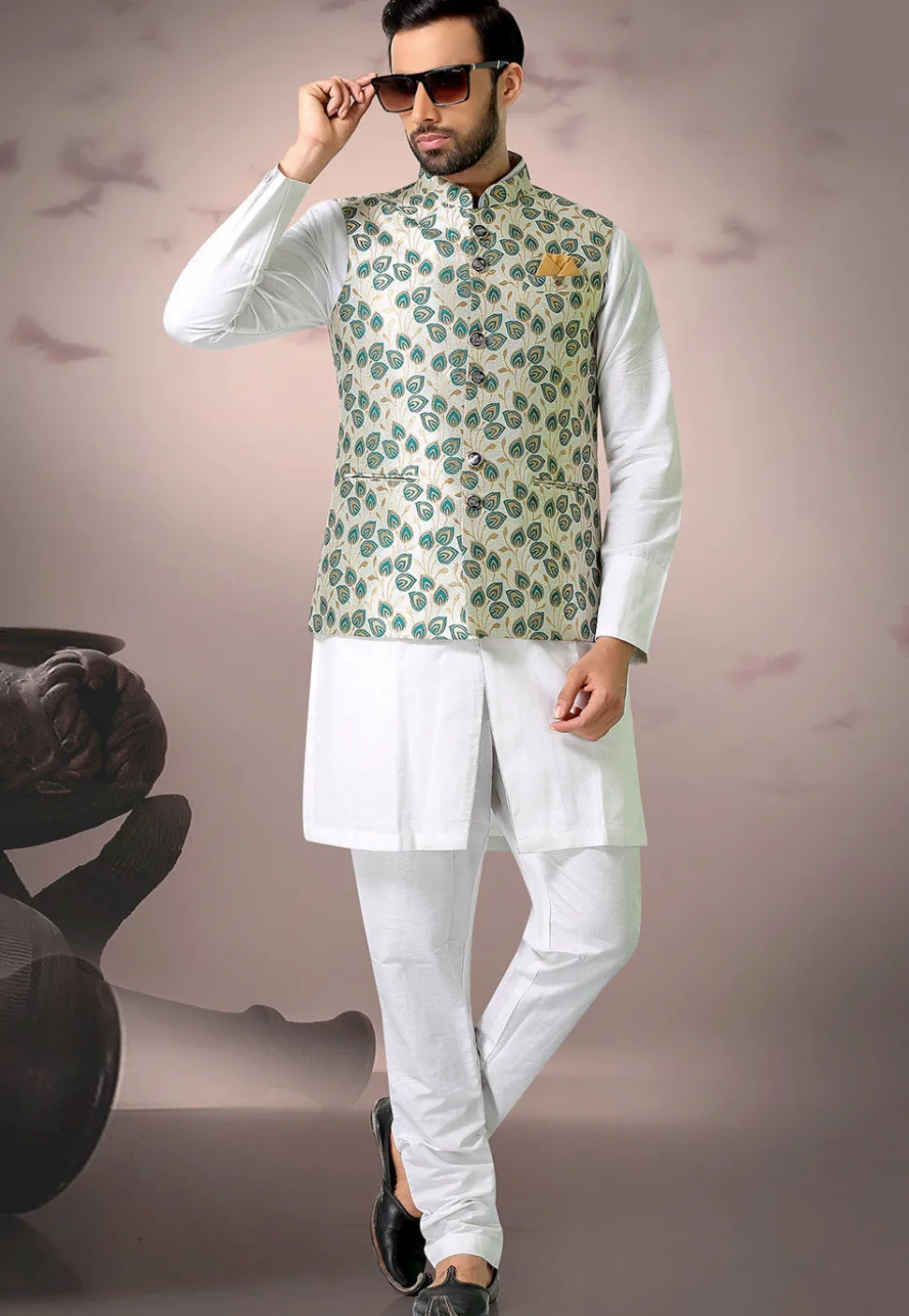Woven Art Silk Jacquard Nehru Jacket in Off White and Teal Green