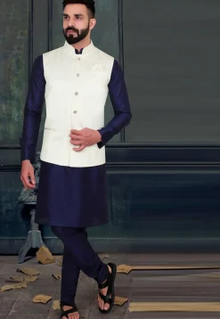Woven Art Silk Jacquard Nehru Jacket in Cream