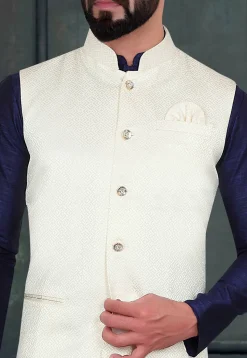 Woven Art Silk Jacquard Nehru Jacket in Cream