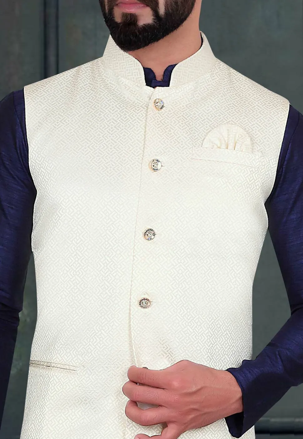 Woven Art Silk Jacquard Nehru Jacket in Cream