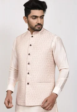 Woven Art Silk Jacquard Nehru Jacket in Cream