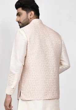 Woven Art Silk Jacquard Nehru Jacket in Cream