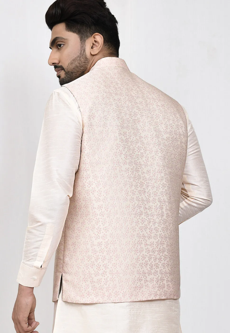 Woven Art Silk Jacquard Nehru Jacket in Cream