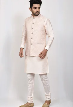 Woven Art Silk Jacquard Nehru Jacket in Cream