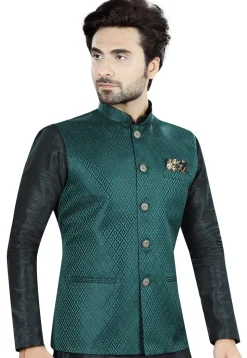 Woven Art Silk Jacquard Nehru Jacket in Teal Green