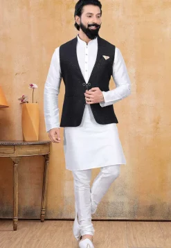 Woven Art Silk Jacquard Nehru Jacket in black